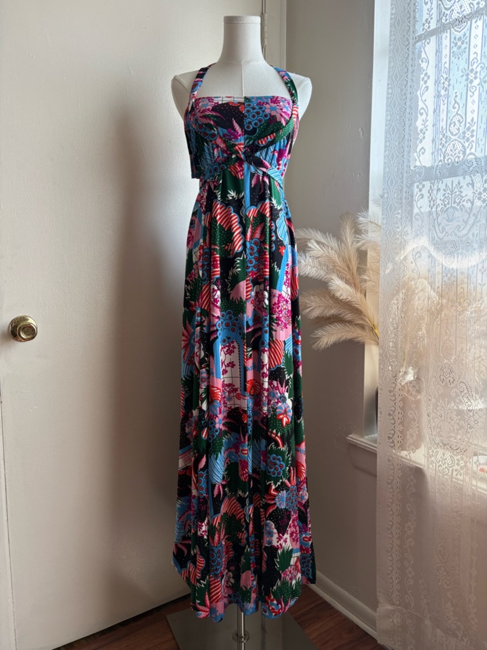 vintage 60s 70s halter floral hawaiian maxi dress